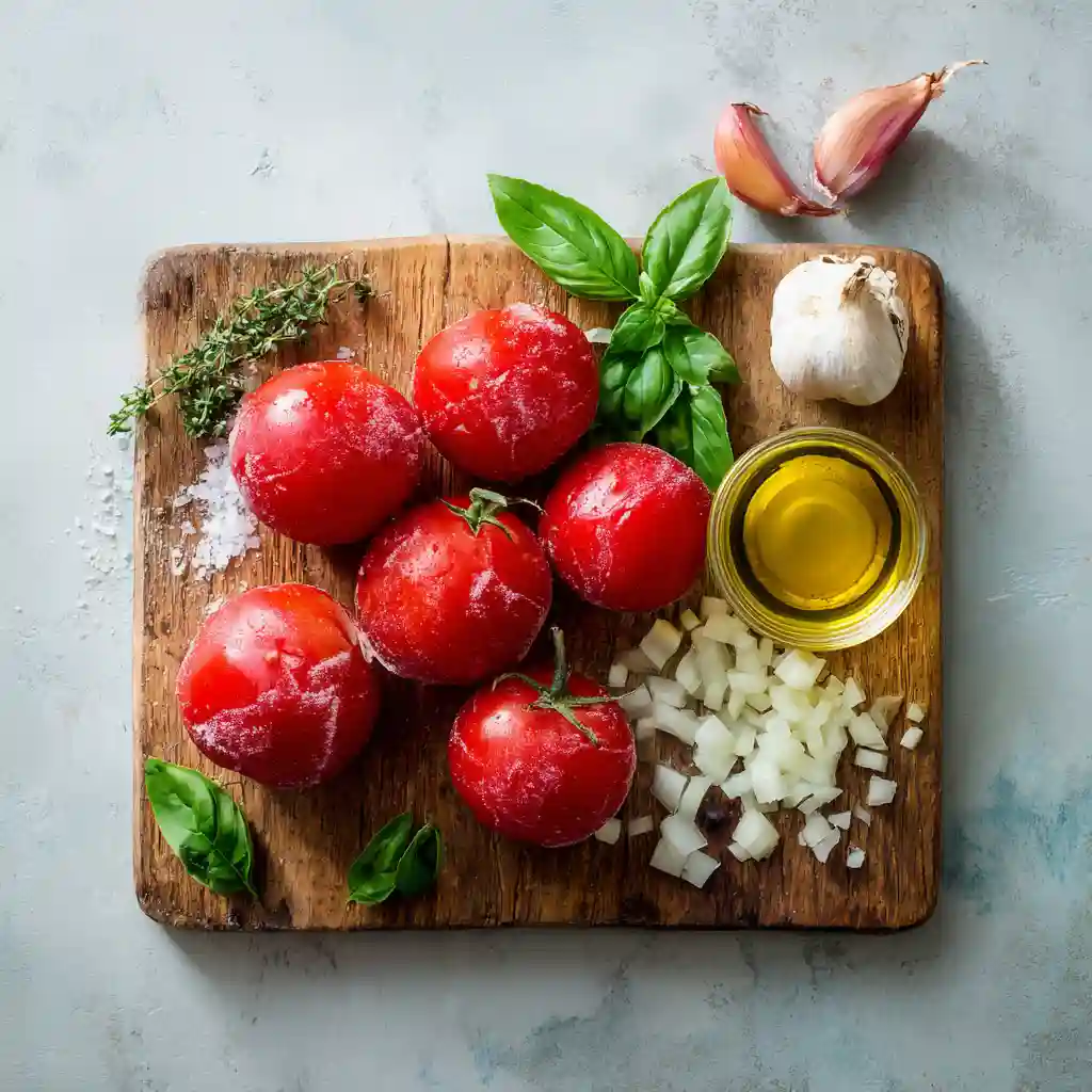 Frozen whole tomatoes soup ingredients on wooden board
