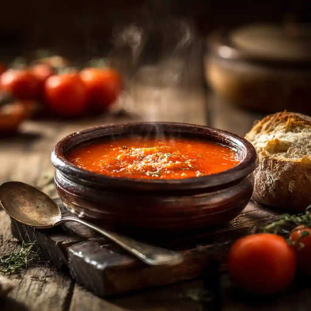 Bowl of frozen tomato soup served with bread