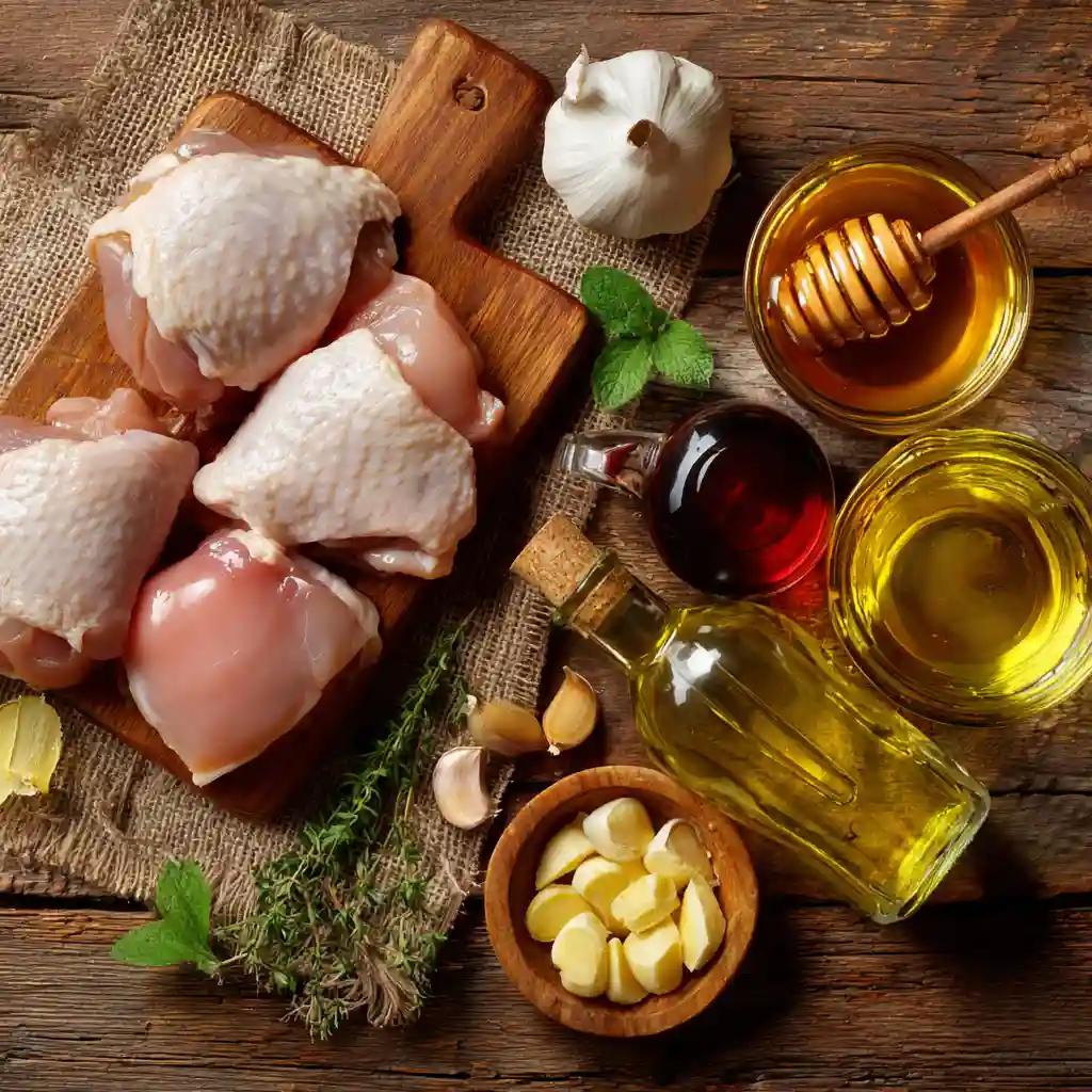 Ingredients for garlic honey chicken thighs laid out
