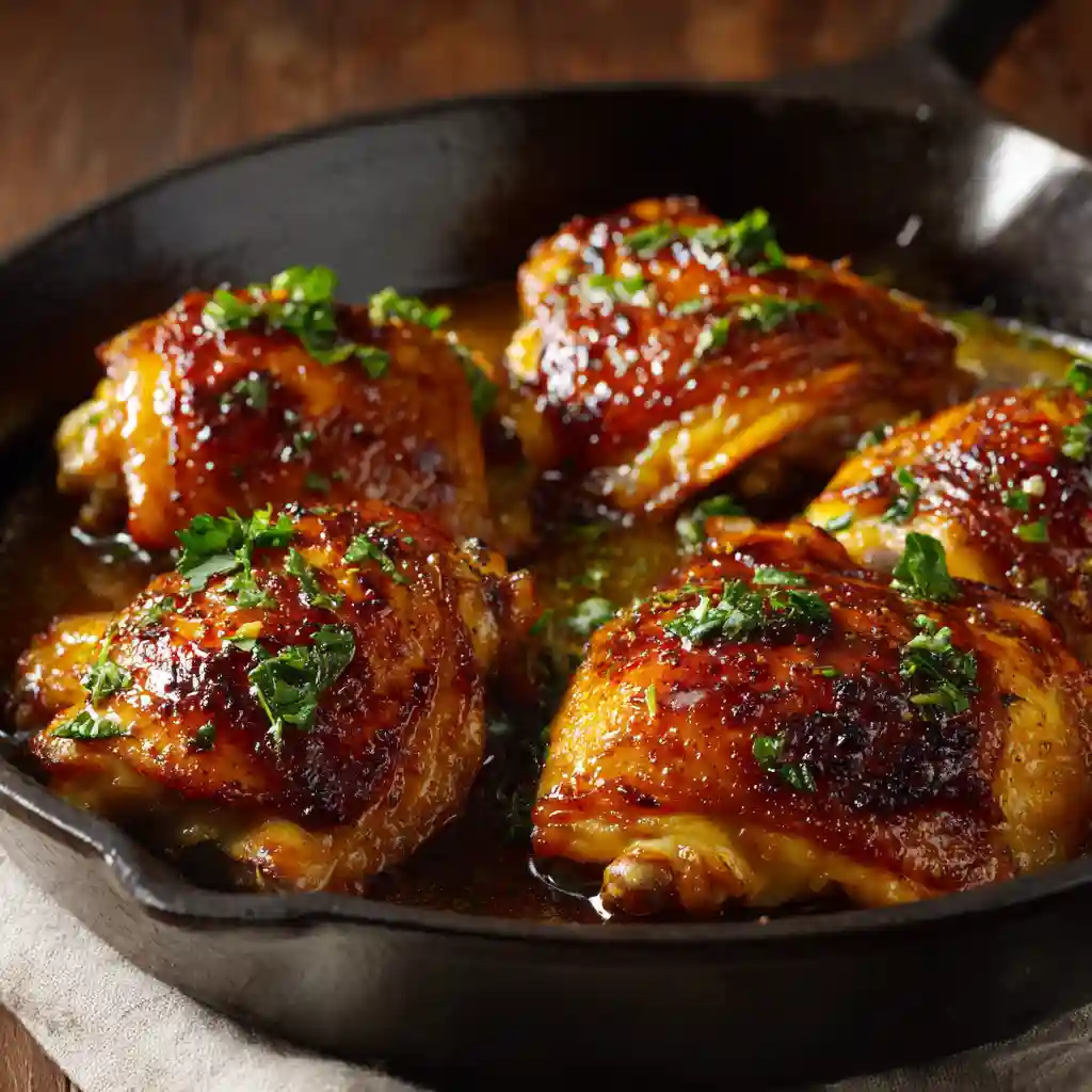 Garlic honey chicken thighs in cast-iron skillet