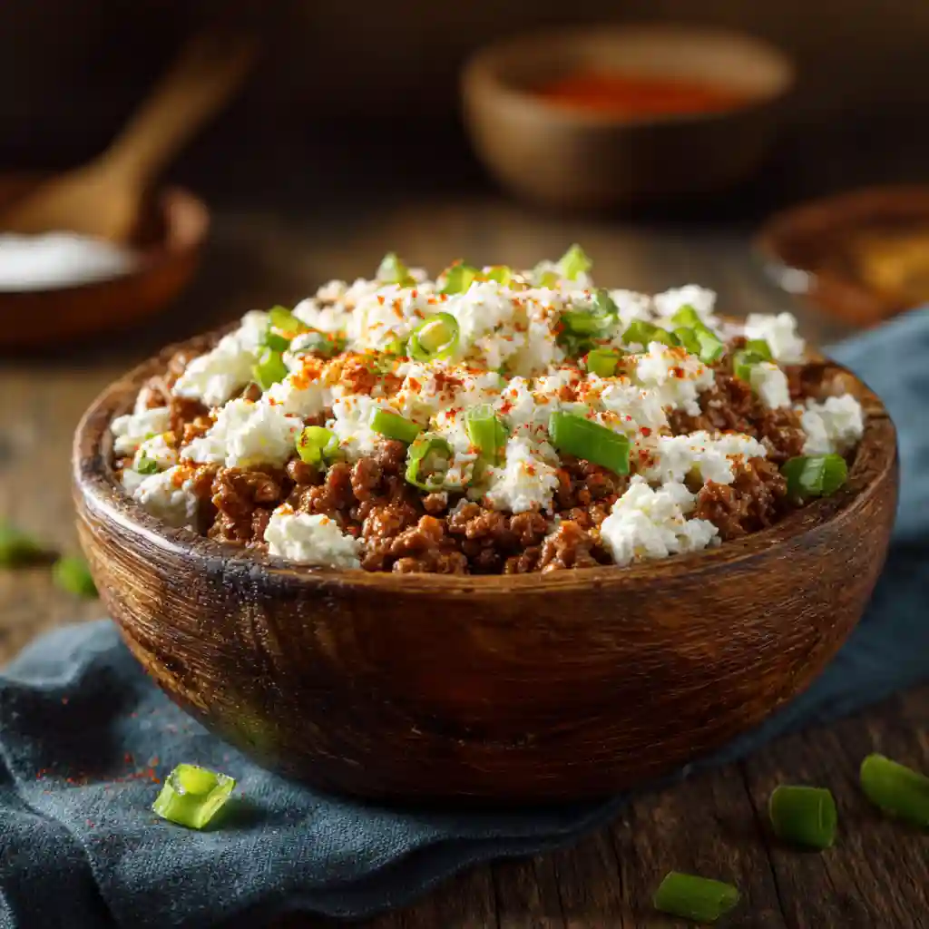 ground beef cottage cheese bowl on rustic table