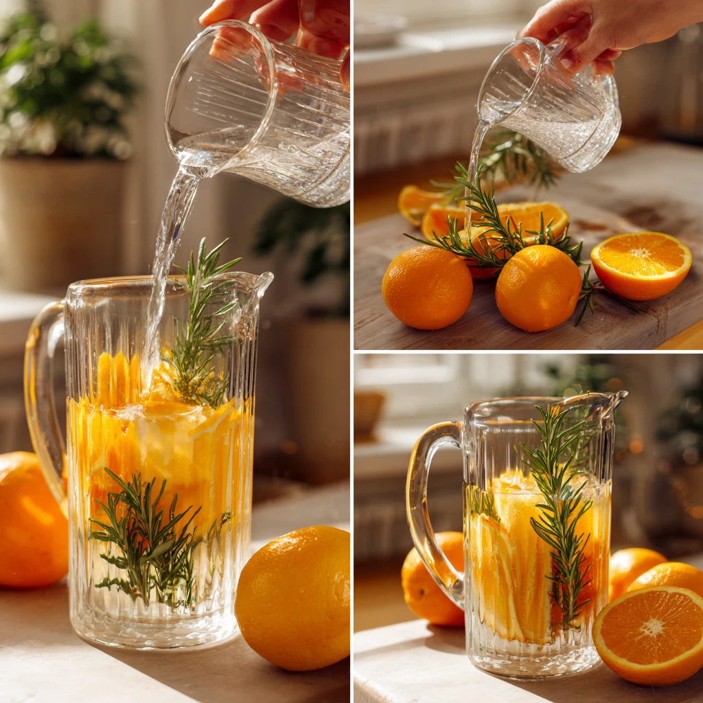 Pouring water into pitcher with oranges and rosemary