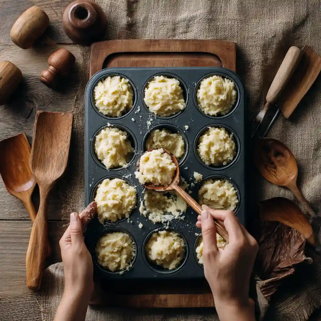 Filling muffin tin with mashed potato mix