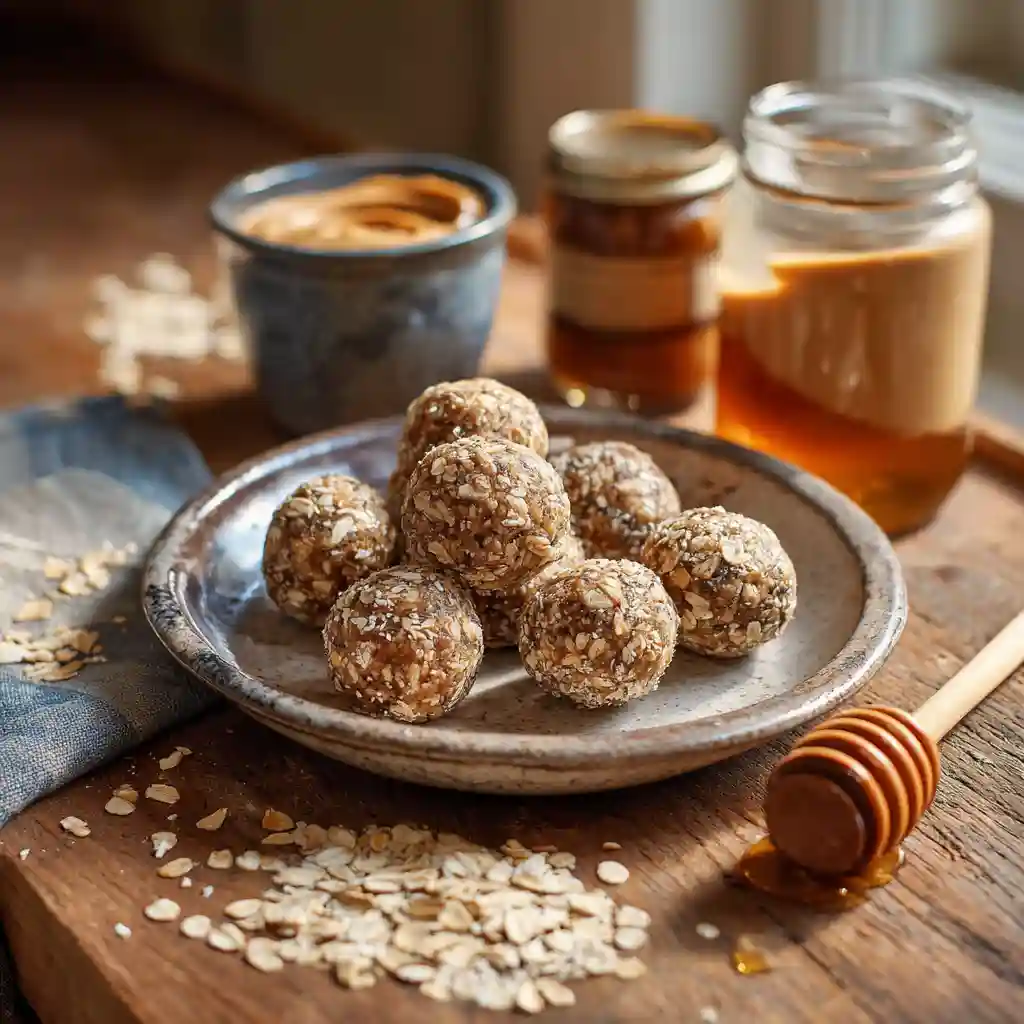 no bake protein balls for breakfast on a rustic counter