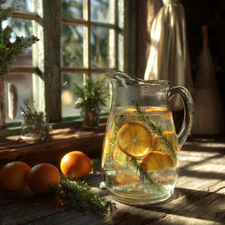 Orange rosemary drink in glass pitcher with herbs and citrus