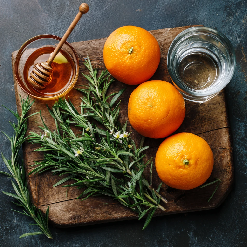 Ingredients for making orange rosemary drink