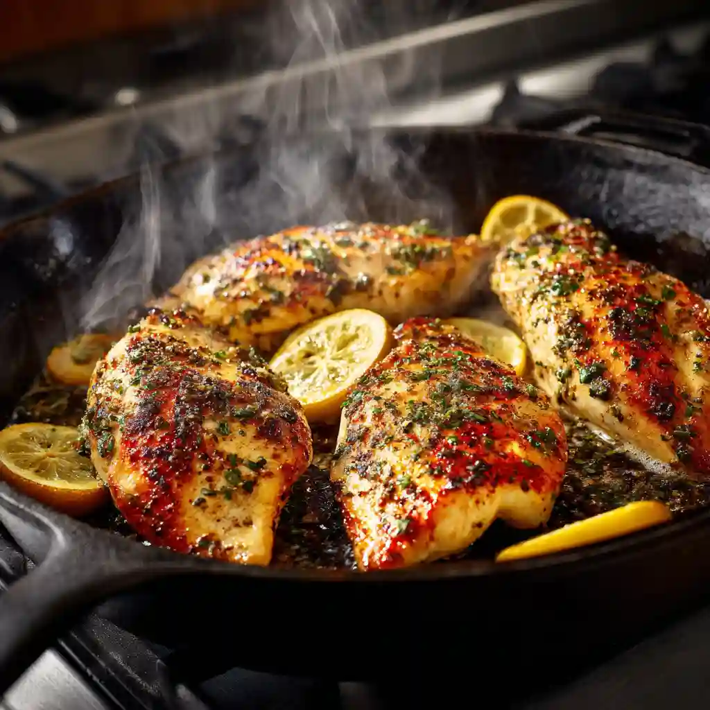 pan-seared citrus chicken in cast iron skillet
