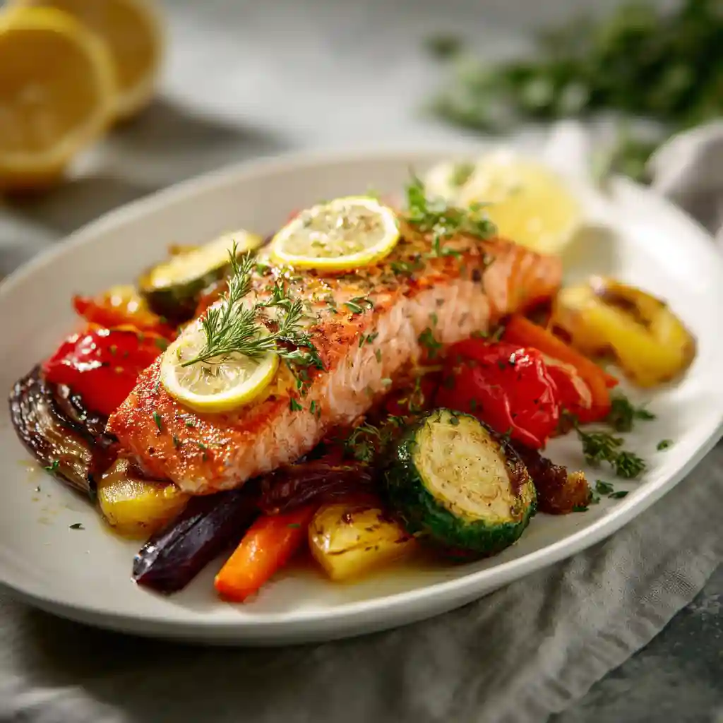 plated roasted vegetables salmon dinner