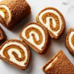 Final pumpkin roll recipe image with slices