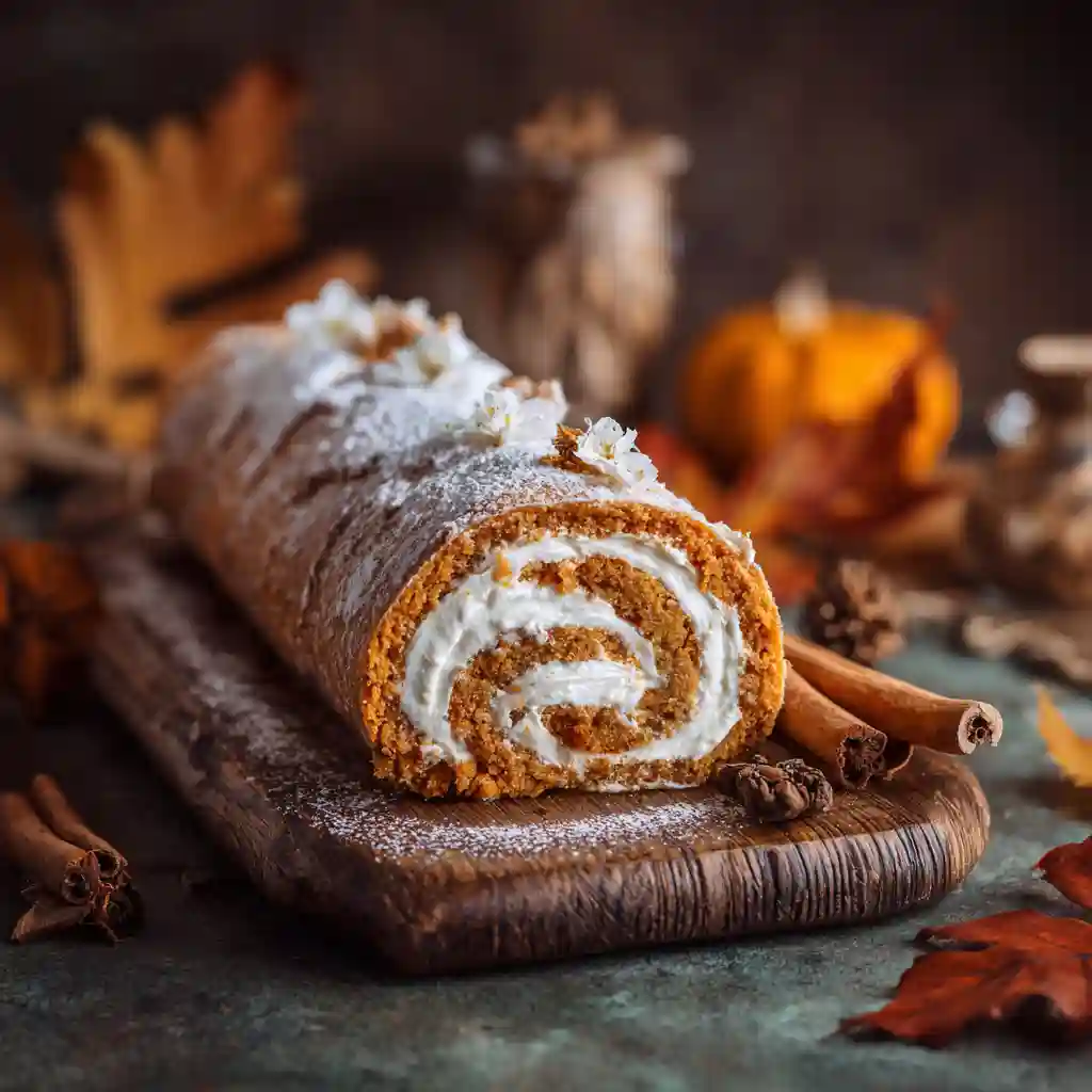 Pumpkin roll recipe with cream cheese swirl on board