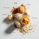 labeled no bake protein balls with ingredients for recipe