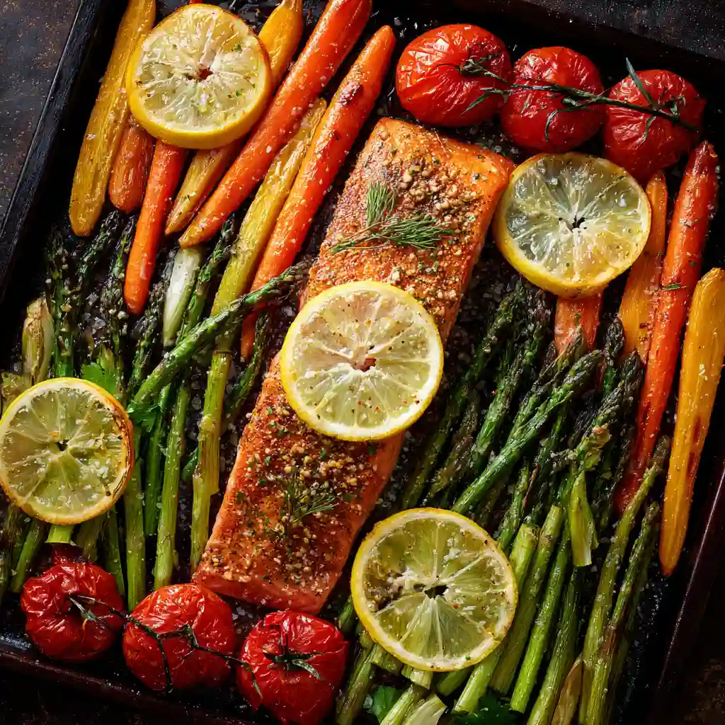 roasted vegetables salmon on sheet pan