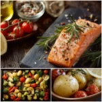 plated roasted vegetables salmon dinner