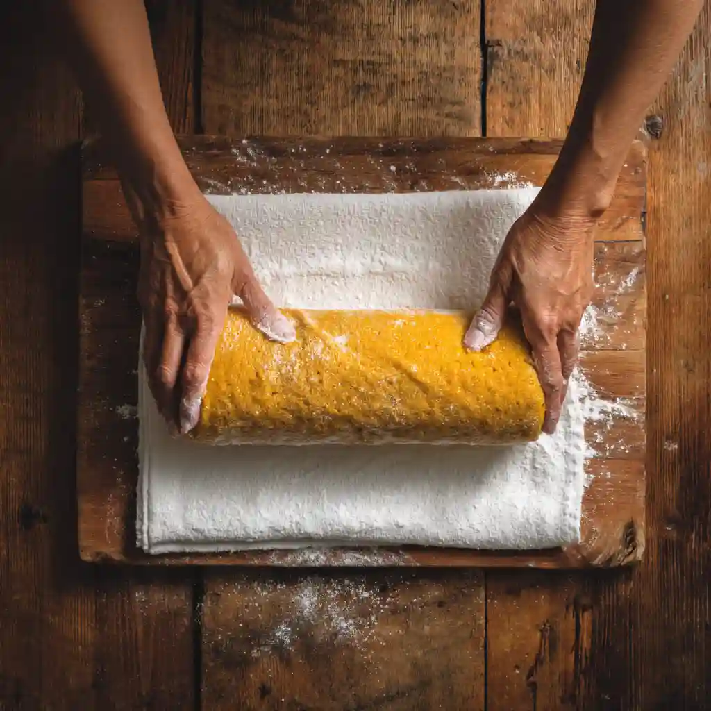 Rolling the pumpkin roll while warm
