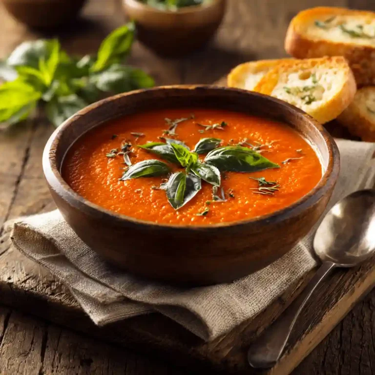 Frozen whole tomatoes soup in rustic bowl