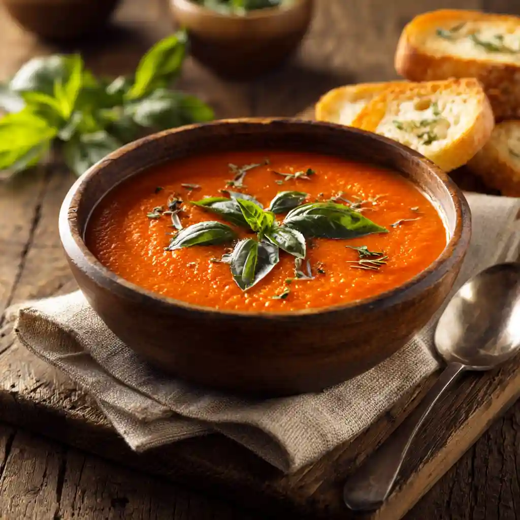 Frozen whole tomatoes soup in rustic bowl