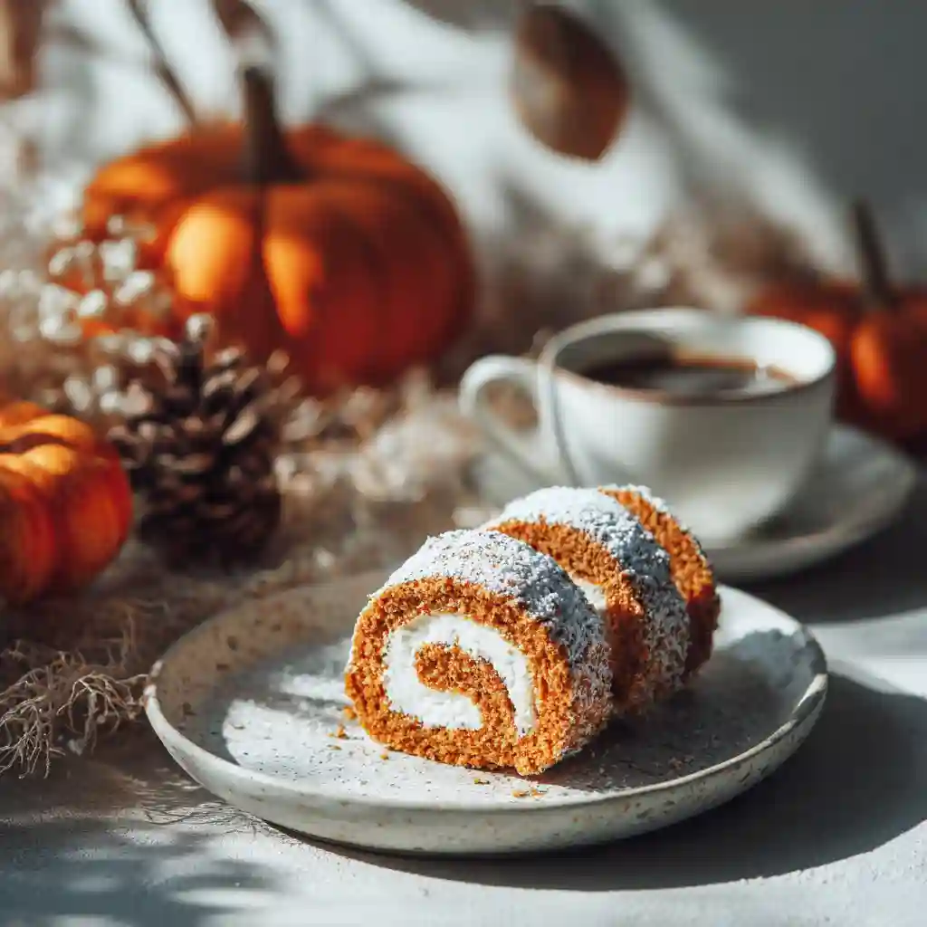 Sliced pumpkin roll recipe served with coffee