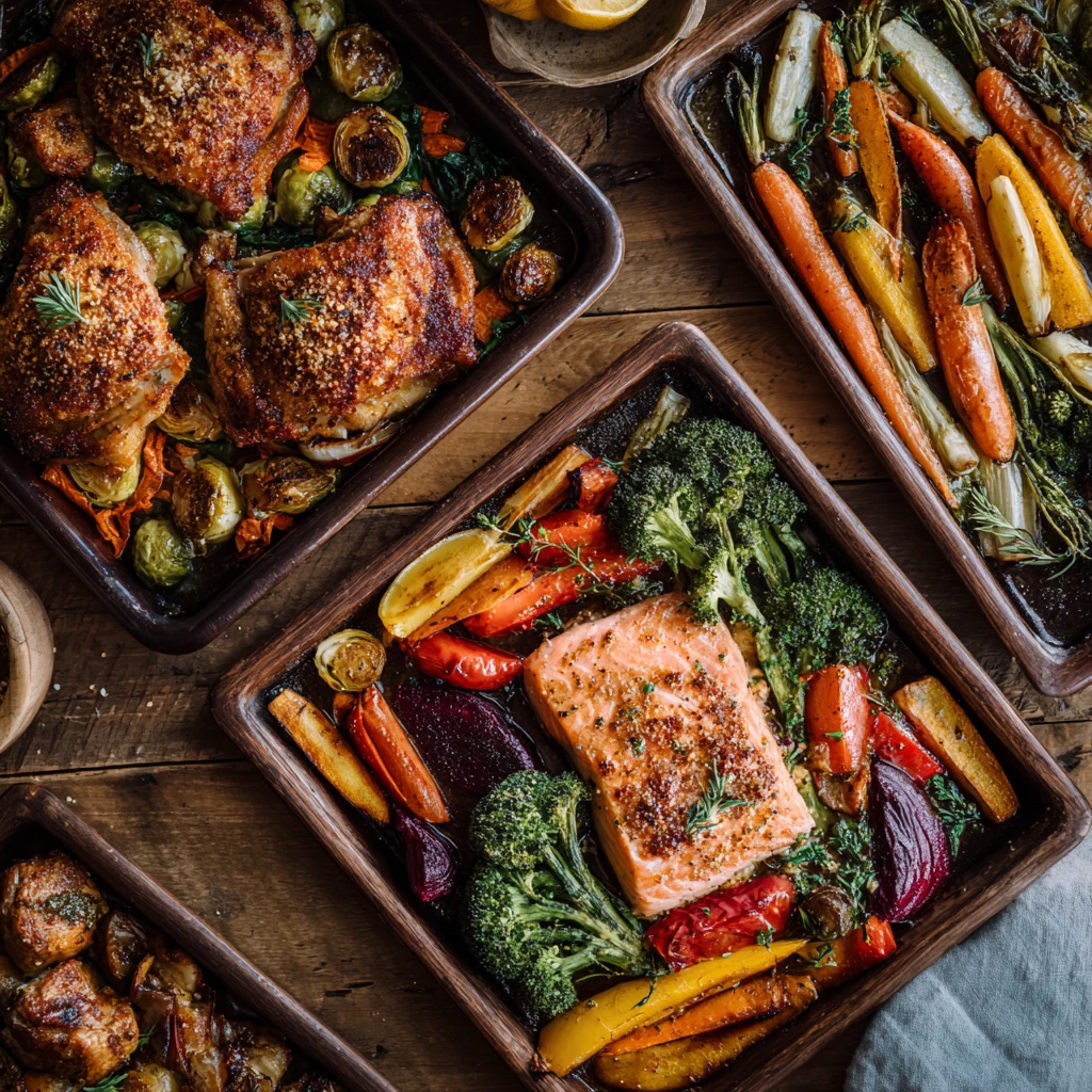 Colorful sheet pan meals with roasted vegetables and proteins