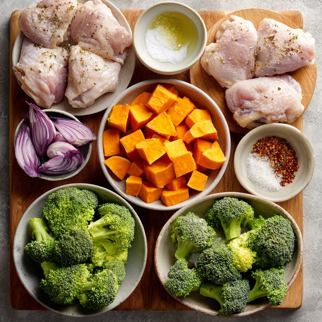 Raw ingredients for a classic sheet pan meal