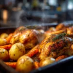 Freshly baked sheet pan dinner from the oven