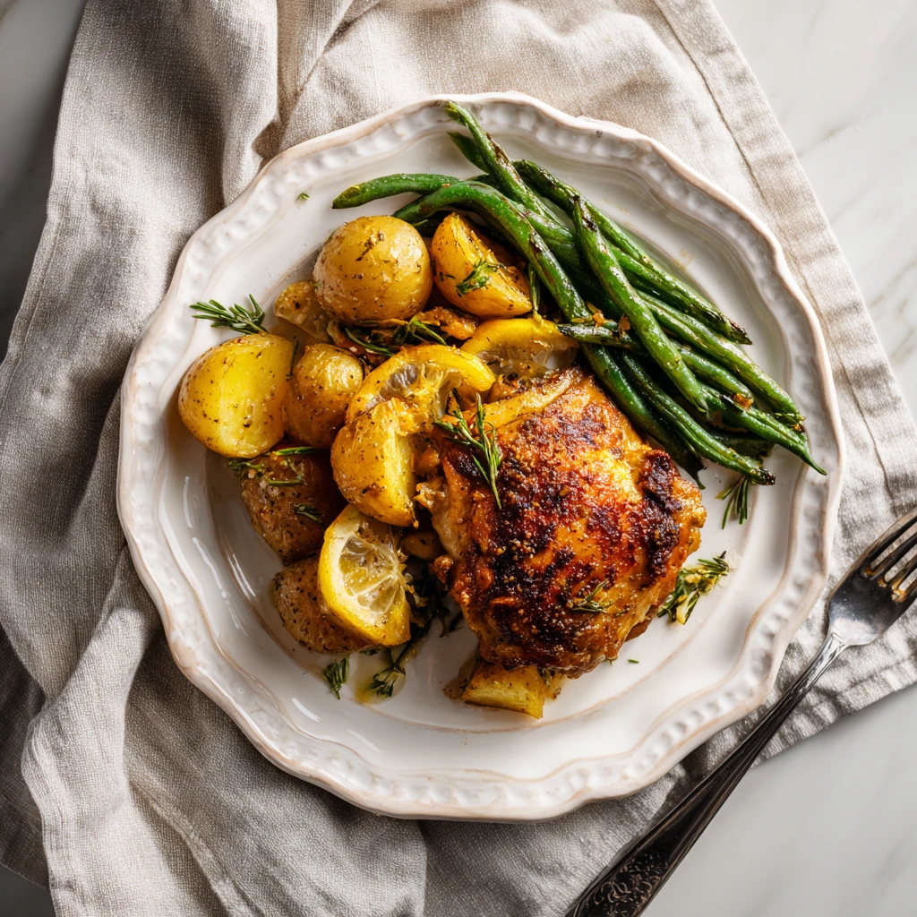 Plated sheet pan meal with chicken and vegetables