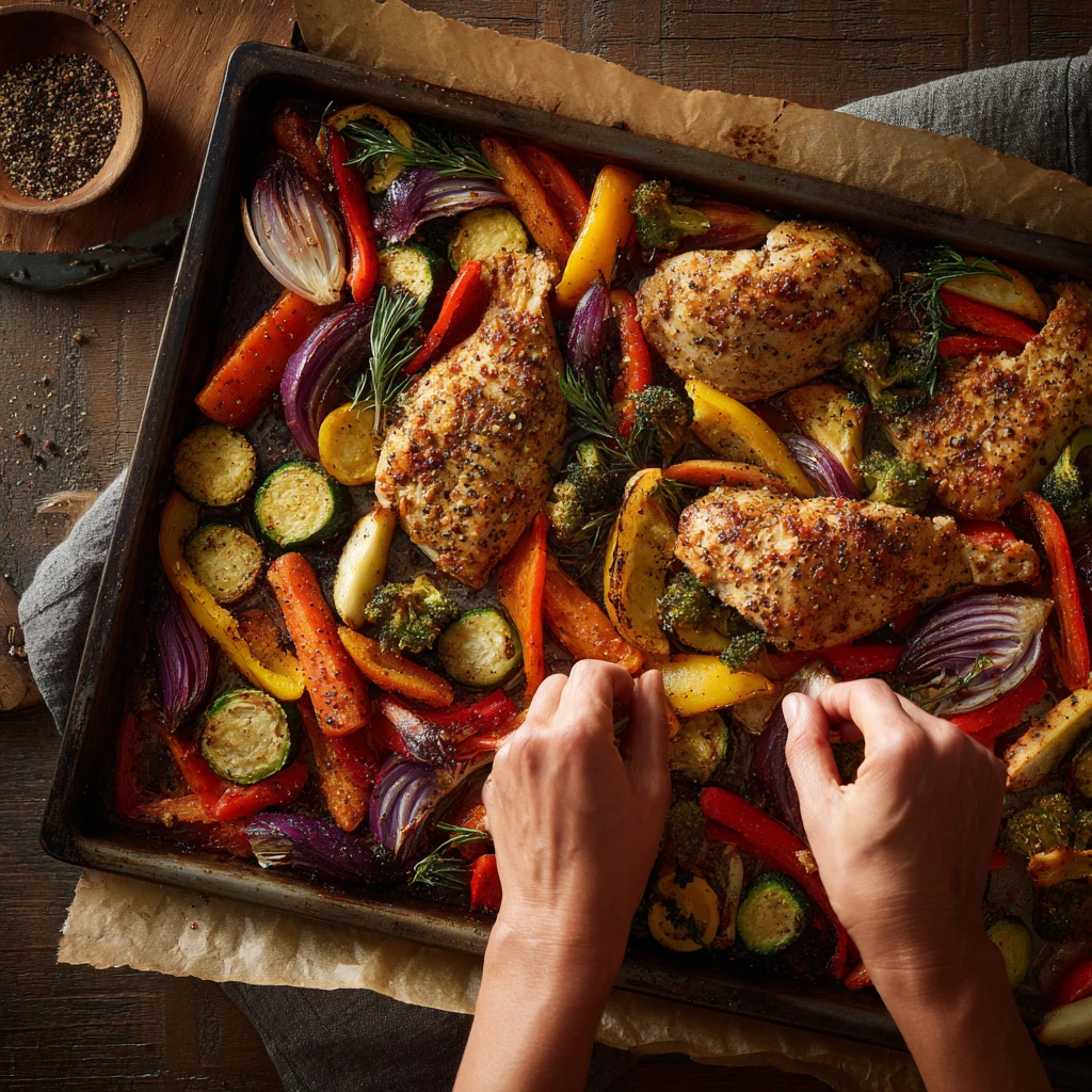 Hands arranging seasoned ingredients on sheet pan