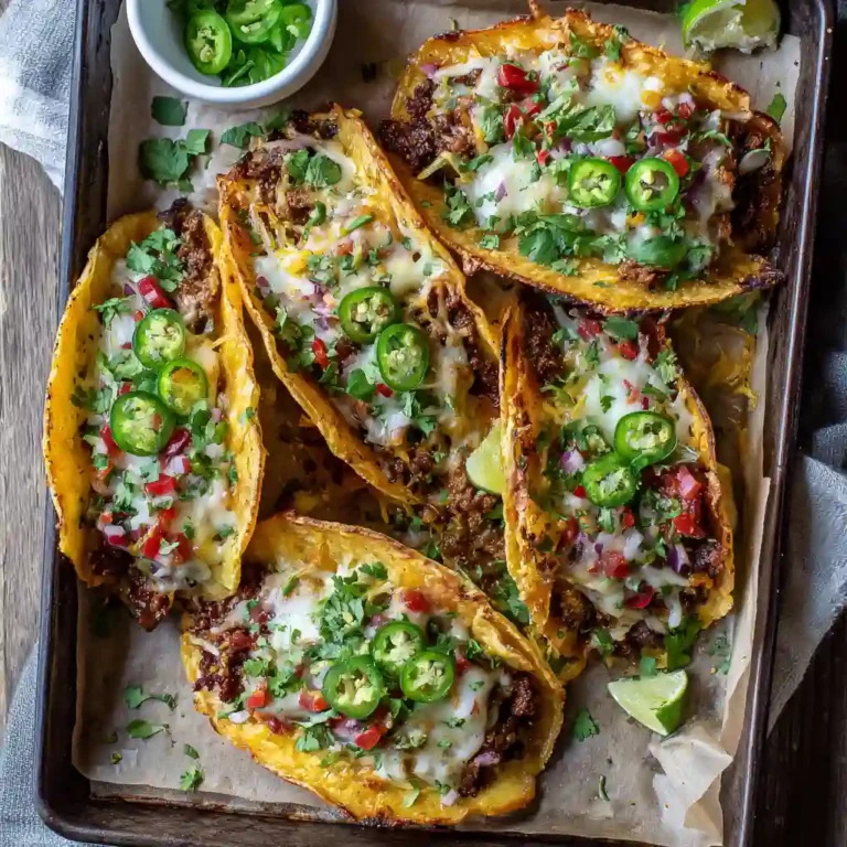 Sheet pan tacos baked on a tray with melted cheese and toppings