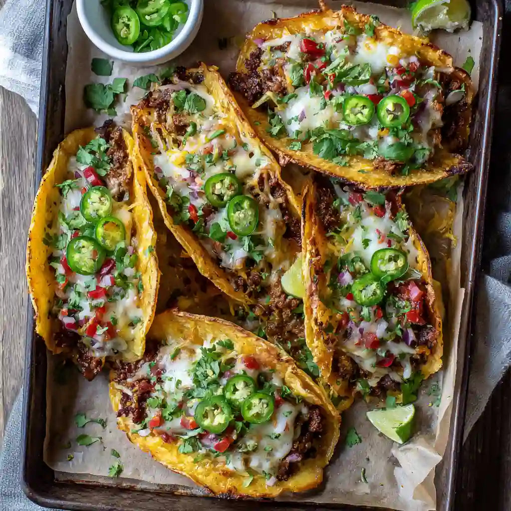 Sheet pan tacos baked on a tray with melted cheese and toppings