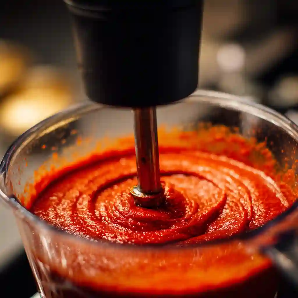Frozen whole tomatoes soup simmering in pot