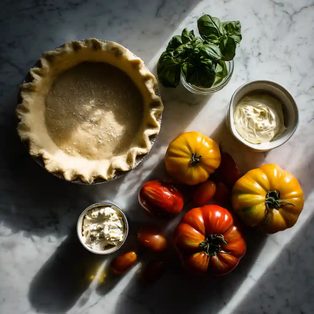 Ingredients for Southern tomato pie arranged on marble