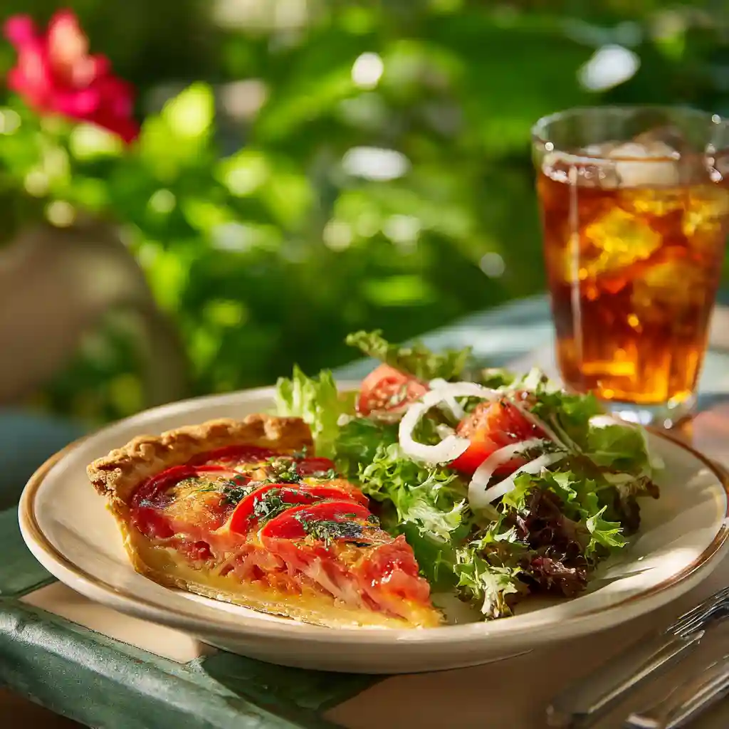 Southern tomato pie slice served with salad and iced tea