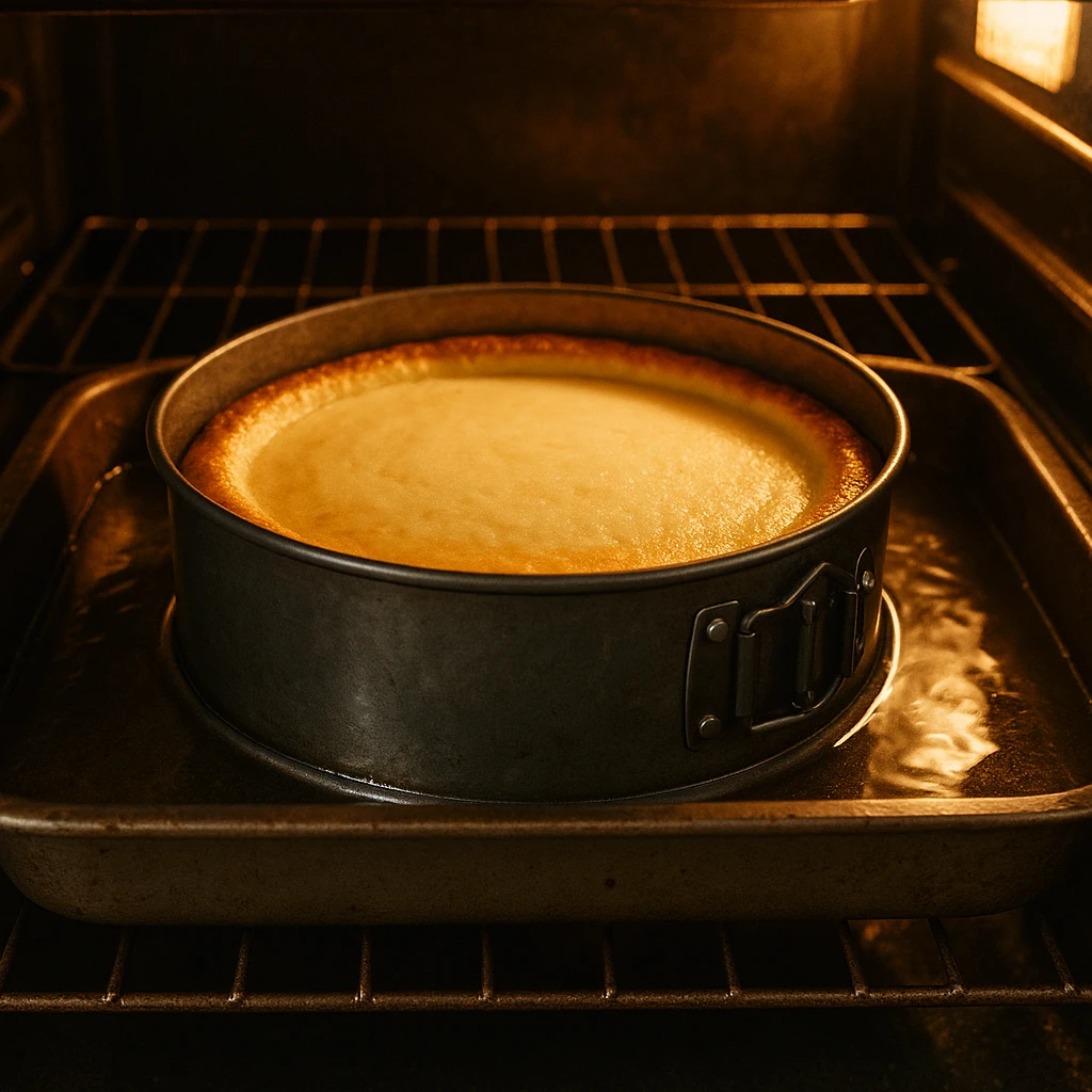 Strawberry crunch cheesecake baking in water bath