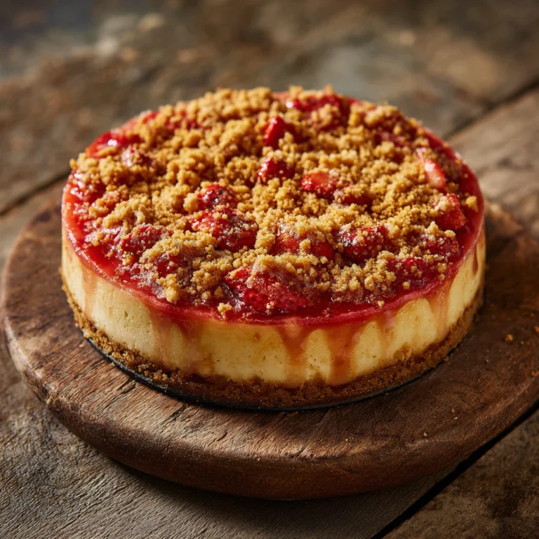 Whole strawberry crunch cheesecake with golden Oreo crust and strawberry topping
