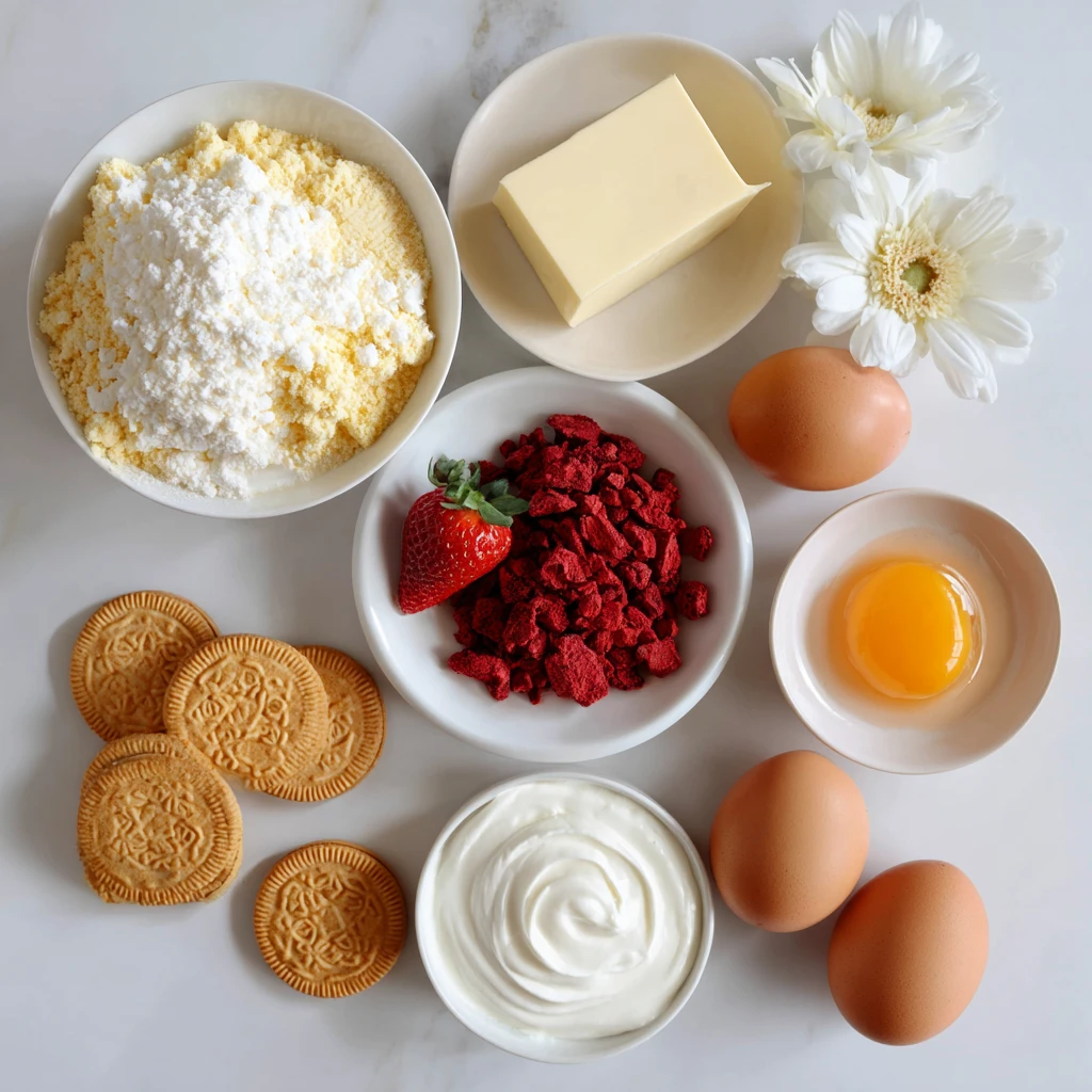 Strawberry crunch cheesecake ingredients on counter