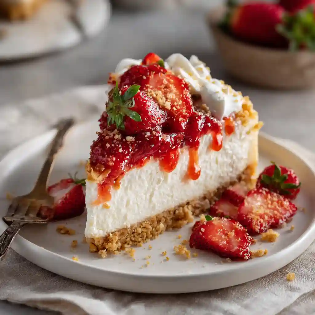 Served slice of strawberry crunch cheesecake