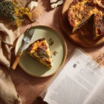 Recipe card with plated timballo slice