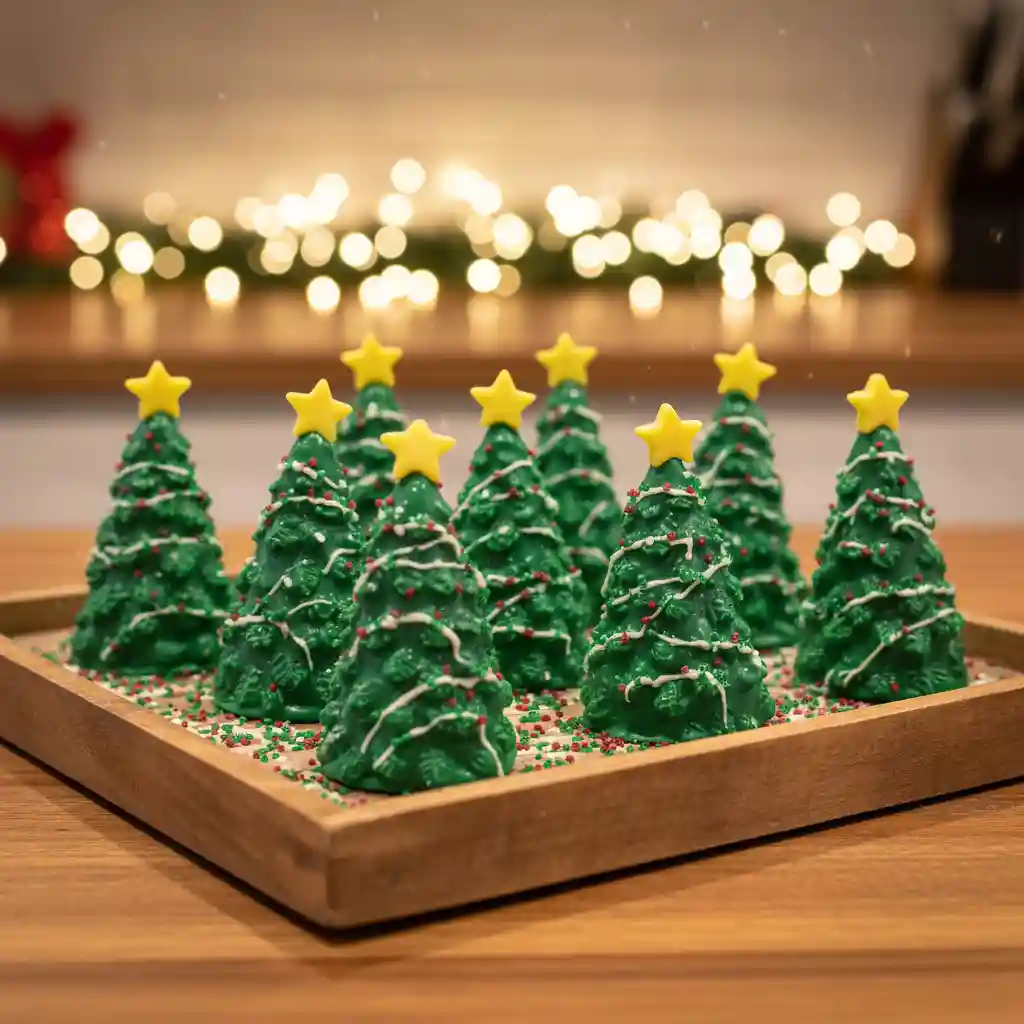 Christmas Tree-shaped Cake Pops on festive tray