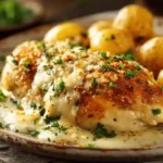 Close-up of Garlic Parmesan Crockpot Chicken with creamy sauce and potatoes