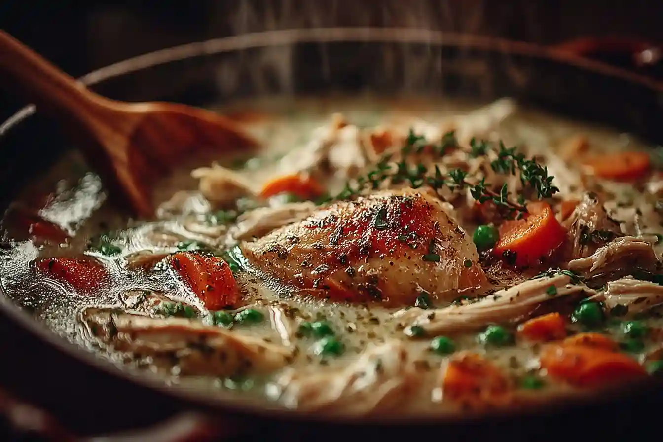 Simmering Chicken Pot Pie Soup on Stove