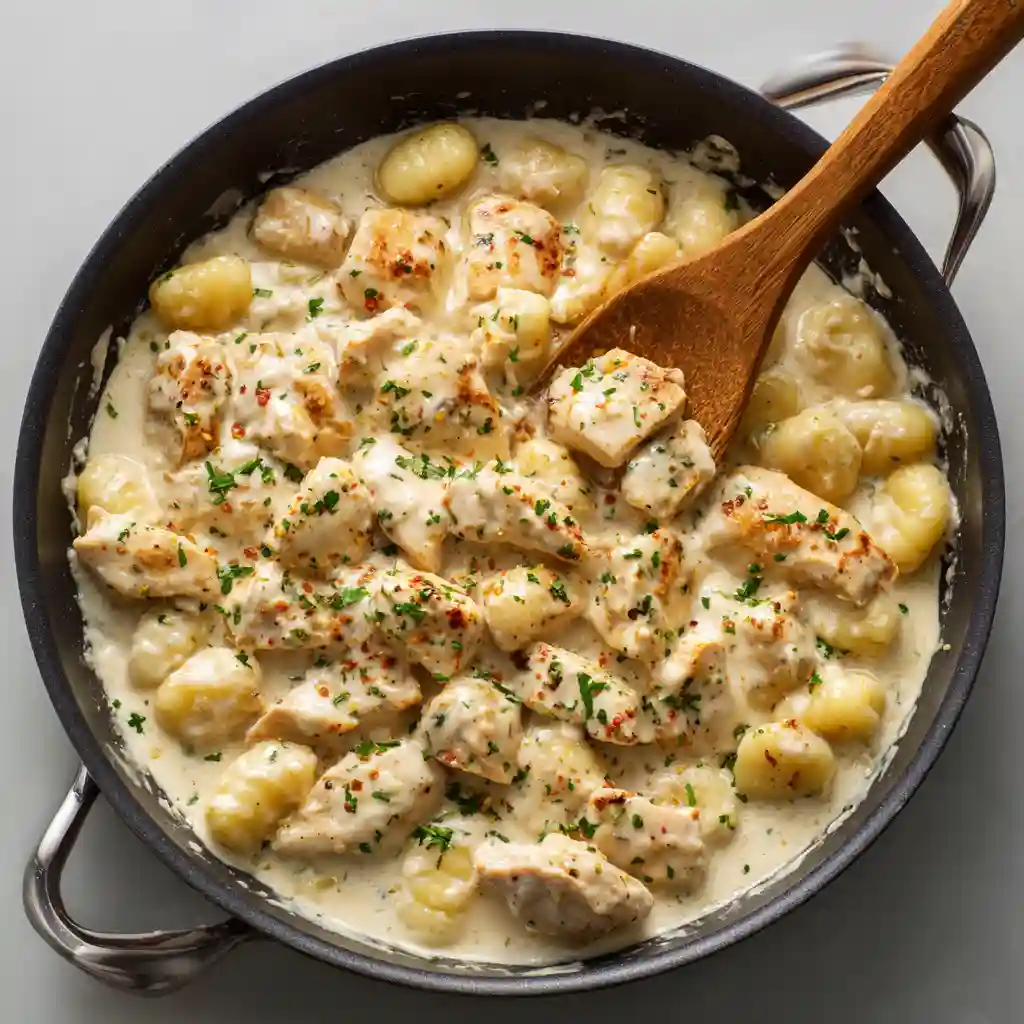 Cooking Classic Creamy Crack Chicken Gnocchi in skillet