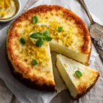 Full cottage cheese cake with one slice cut