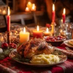 Christmas dinner served with turkey, mashed potatoes, and vegetables