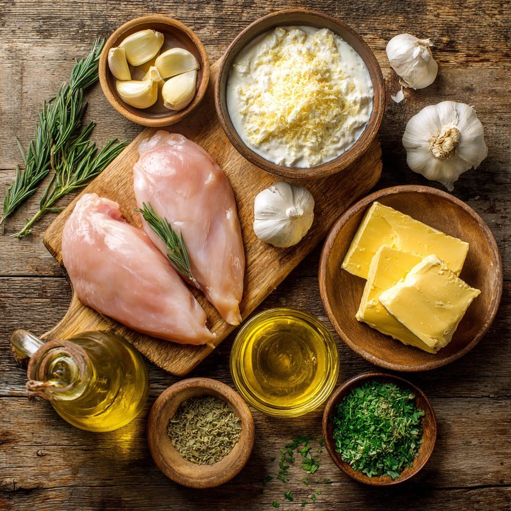 creamy garlic parmesan chicken ingredients flat lay