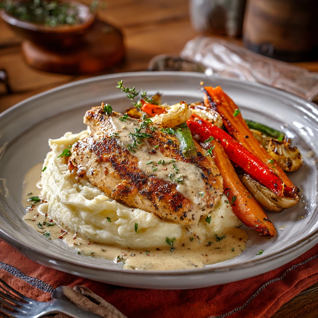 creamy garlic parmesan chicken served with mashed potatoes