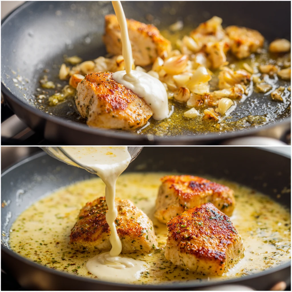 cooking creamy garlic parmesan chicken in skillet
