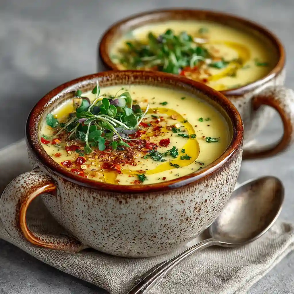 creamy soup served in modern white bowls with herbs
