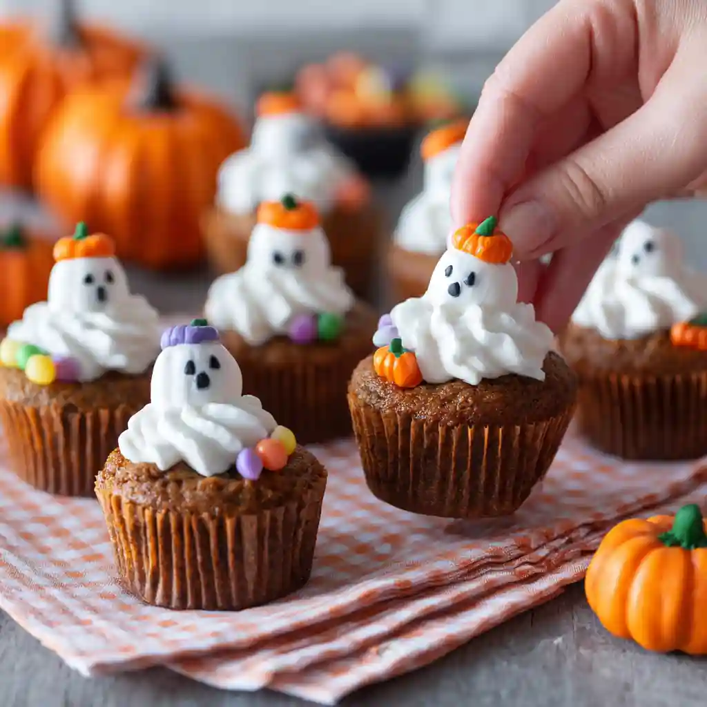 Decorating mini pumpkin pies for Halloween