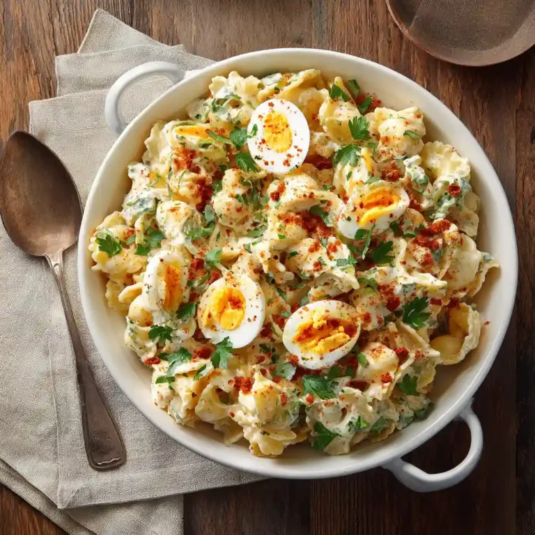 Deviled egg pasta salad served in rustic white bowl