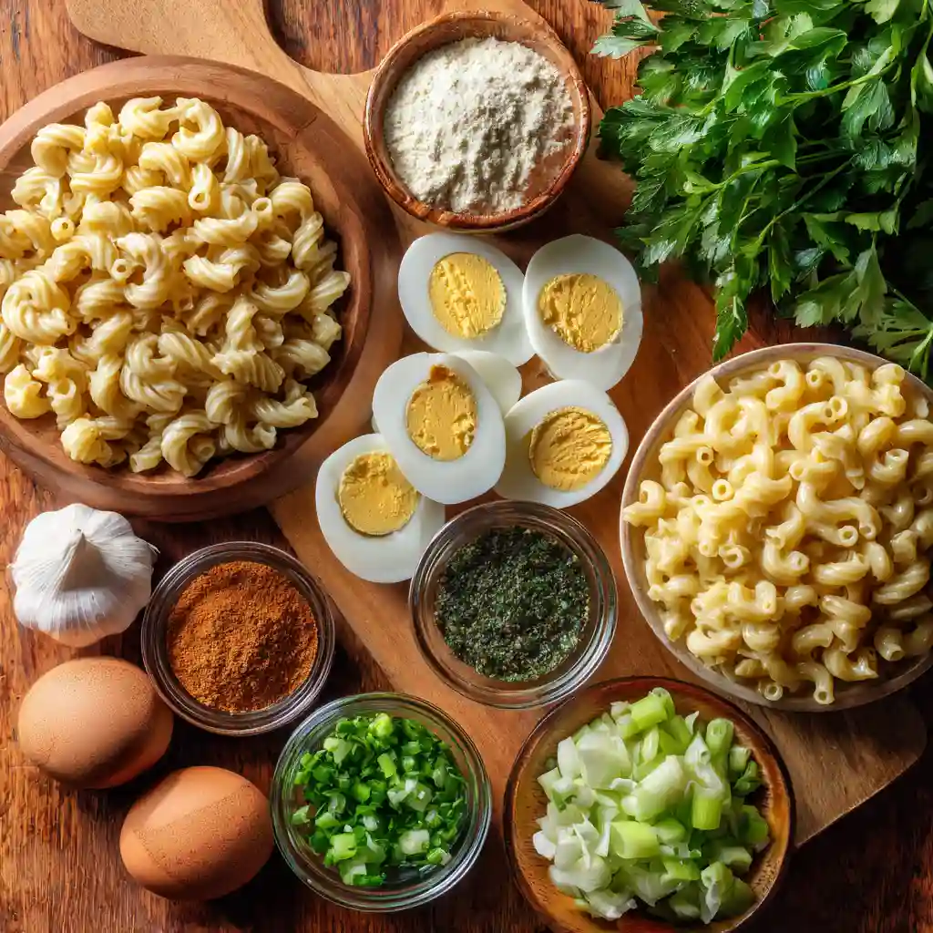 Ingredients for deviled egg pasta salad on a kitchen counter