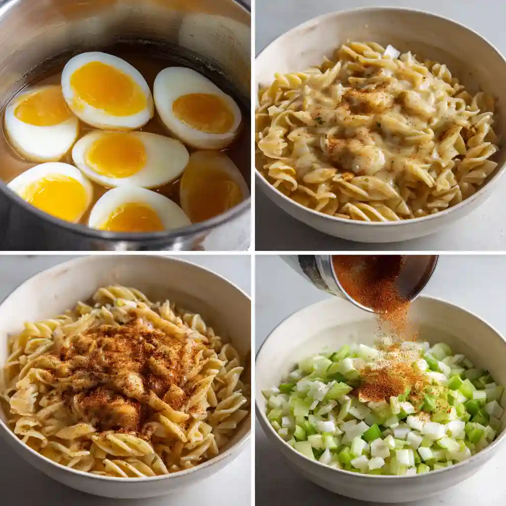 Deviled egg pasta salad preparation steps in a collage
